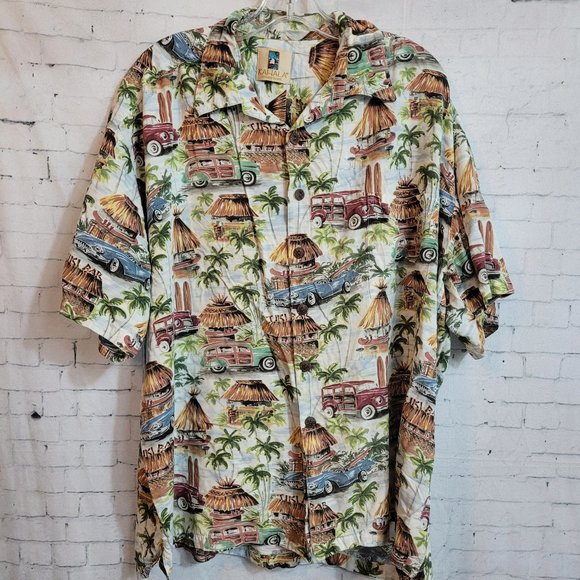 Men's Kahala Hawaiian Shirt Rayon Vintage Cars Woodys Surfboards 2XL XXL Aloha - Picture 1 of 2
